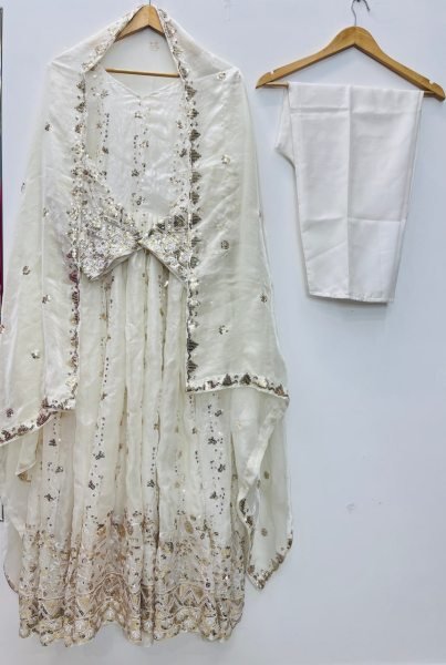 Stunning White Fendy Gown with Stitched Pant and Heavy Embroidered Sequins Dupatta Ready To Wear Collection