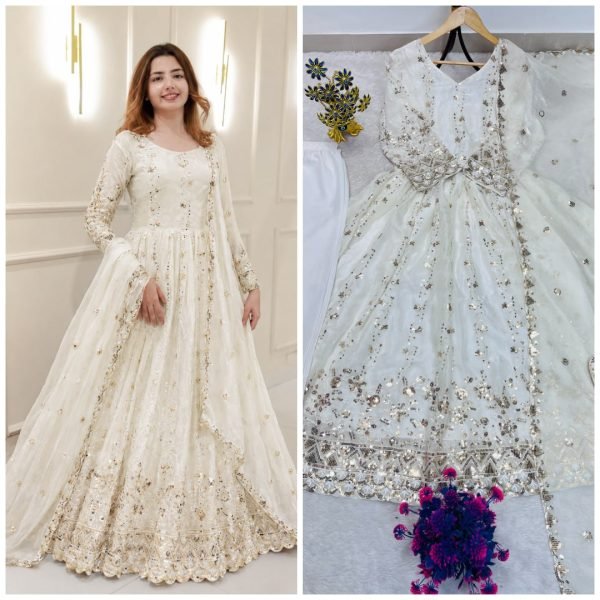 Stunning White Fendy Gown with Stitched Pant and Heavy Embroidered Sequins Dupatta Ready To Wear Collection