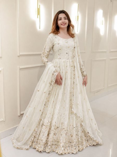 Stunning White Fendy Gown with Stitched Pant and Heavy Embroidered Sequins Dupatta Ready To Wear Collection