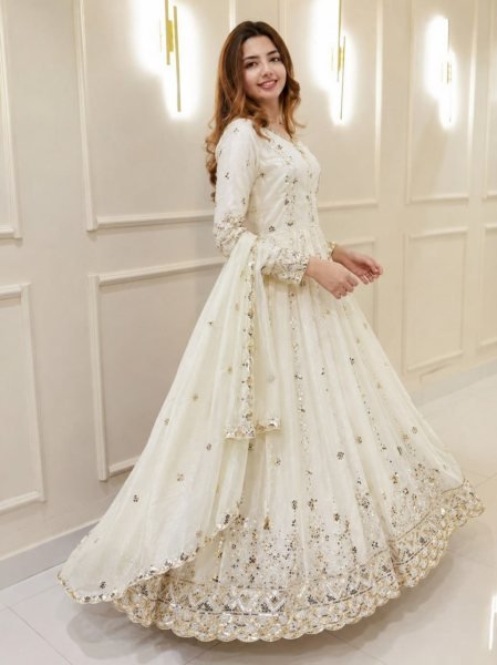 Stunning White Fendy Gown with Stitched Pant and Heavy Embroidered Sequins Dupatta Ready To Wear Collection