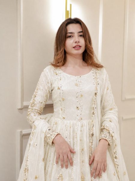 Stunning White Fendy Gown with Stitched Pant and Heavy Embroidered Sequins Dupatta Ready To Wear Collection