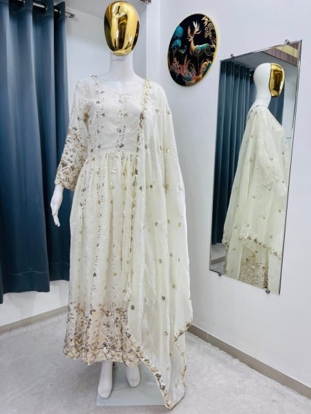 Stunning White Fendy Gown with Stitched Pant and Heavy Embroidered Sequins Dupatta Ready To Wear Collection