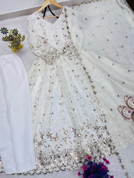 Stunning White Fendy Gown with Stitched Pant and Heavy Embroidered Sequins Dupatta Ready To Wear Collection
