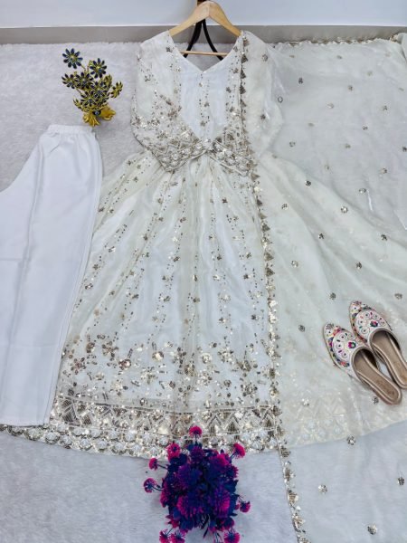 Stunning White Fendy Gown with Stitched Pant and Heavy Embroidered Sequins Dupatta Ready To Wear Collection