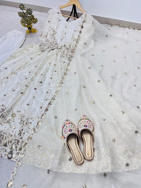Stunning White Fendy Gown with Stitched Pant and Heavy Embroidered Sequins Dupatta Ready To Wear Collection