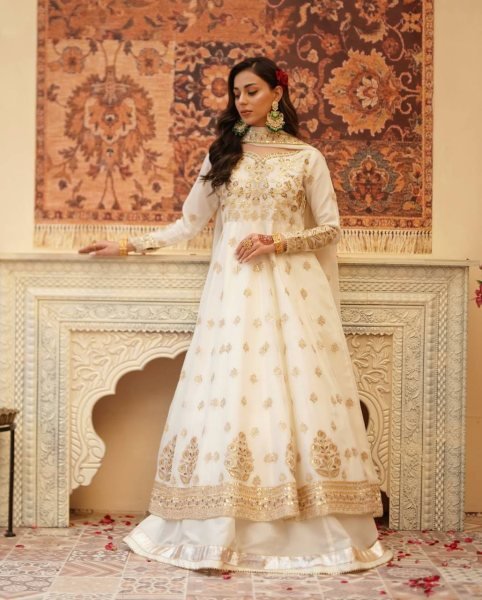 Stunning White Festive Wear Lehenga Gown With Gota Patti and Fancy Lace  Ready To Wear Collection