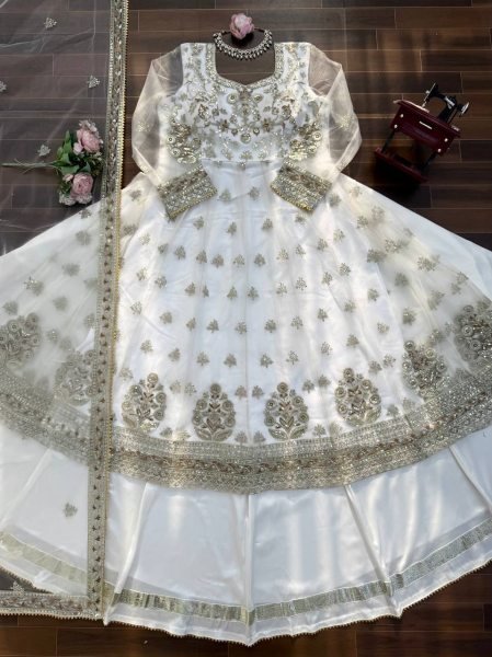 Stunning White Festive Wear Lehenga Gown With Gota Patti and Fancy Lace  Ready To Wear Collection
