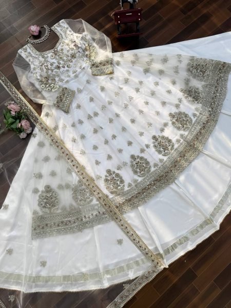 Stunning White Festive Wear Lehenga Gown With Gota Patti and Fancy Lace  Ready To Wear Collection