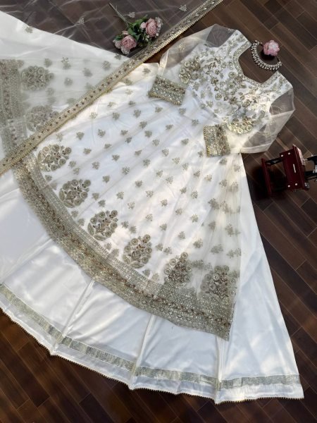 Stunning White Festive Wear Lehenga Gown With Gota Patti and Fancy Lace  Ready To Wear Collection