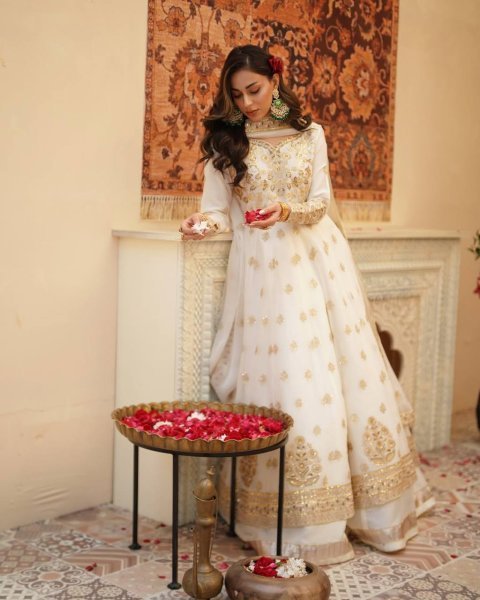 Stunning White Festive Wear Lehenga Gown With Gota Patti and Fancy Lace  Ready To Wear Collection