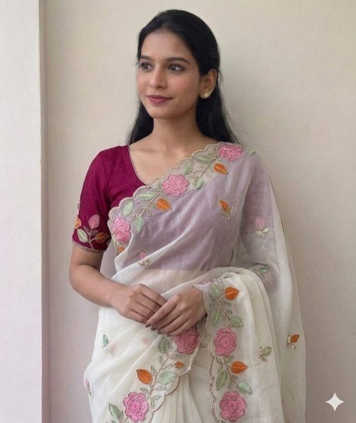 Stunning White Floral Embroidered Saree with Cut Work Border for Festive Wear Embroidery Sarees Wholesale