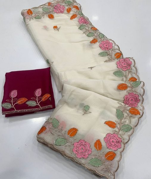 Stunning White Floral Embroidered Saree with Cut Work Border for Festive Wear Embroidery Sarees Wholesale