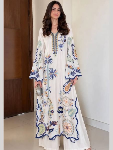 Stunning White Pakistani Star Silk Kurti Pant Dupatta Set with Real Mirror Work For Festival Wear 