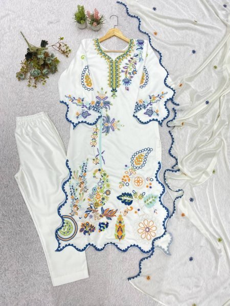 Stunning White Pakistani Star Silk Kurti Pant Dupatta Set with Real Mirror Work For Festival Wear Ready To Wear Collection