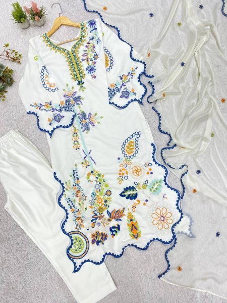 Stunning White Pakistani Star Silk Kurti Pant Dupatta Set with Real Mirror Work For Festival Wear Ready To Wear Collection
