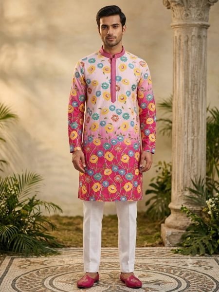 Stunning White Party Wear Men's Heavy Cotton Kurta with Designer Golden Work 