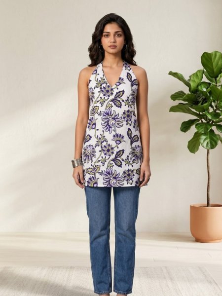 Stunning White Premium White Soft Cotton Printed Halter Neck Short Kurti for Women Tunics kurti