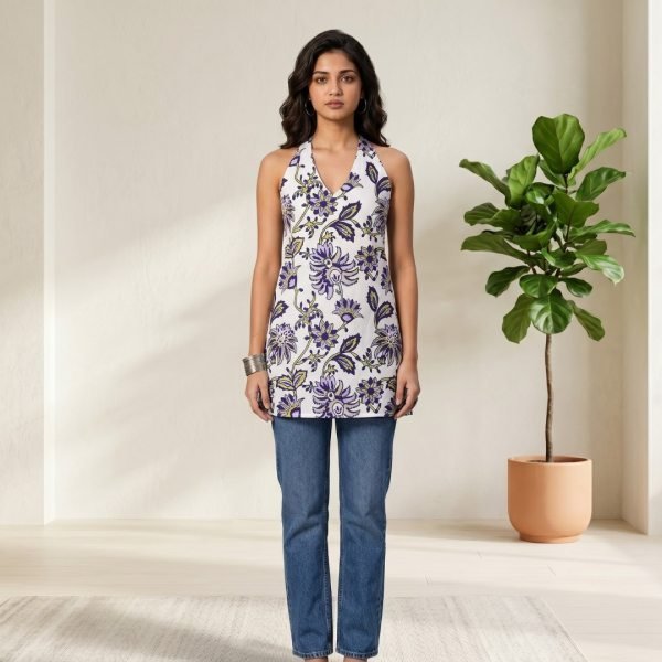 Stunning White Premium White Soft Cotton Printed Halter Neck Short Kurti for Women Tunics kurti