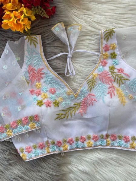 Stunning White Silk Bridal Blouse with V-Neck Floral Embroidery, Handmade Hooks & Lace Detailing Ready-to-Wear 