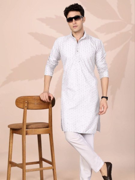 Stunning White Stylish Lucknowi Embroidery Kurta for Men for Cultural Events 
