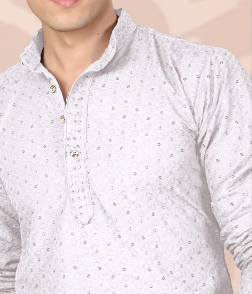 Stunning White Stylish Lucknowi Embroidery Kurta for Men for Cultural Events Kurta Pajama Wholesale