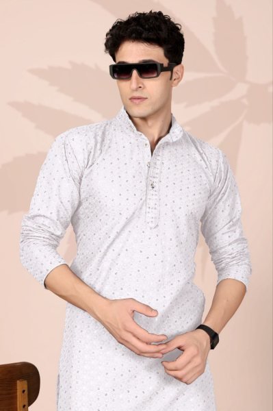 Stunning White Stylish Lucknowi Embroidery Kurta for Men for Cultural Events Kurta Pajama Wholesale