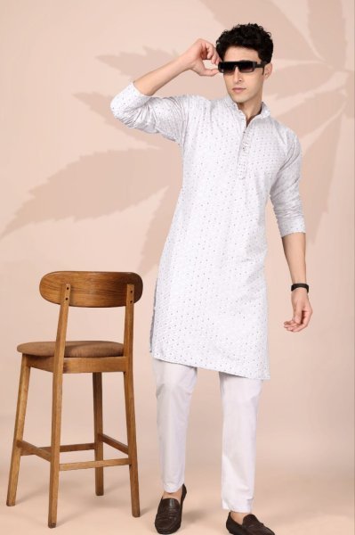 Stunning White Stylish Lucknowi Embroidery Kurta for Men for Cultural Events Kurta Pajama Wholesale