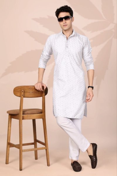 Stunning White Stylish Lucknowi Embroidery Kurta for Men for Cultural Events Kurta Pajama Wholesale