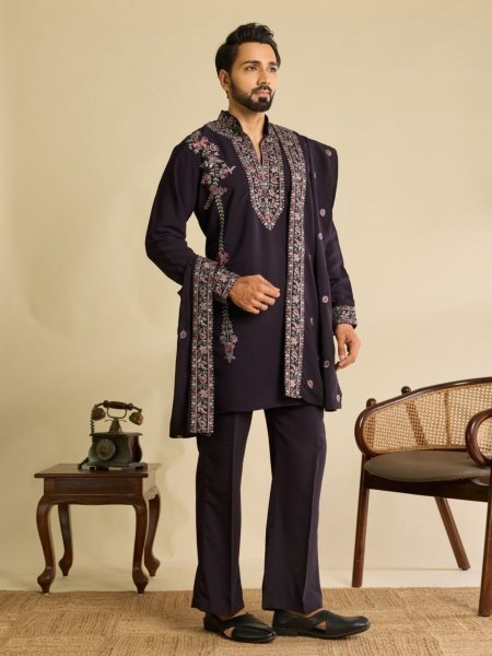 Stunning Wine Men s Kurta Pant with Embroidered Dupatta in Japanese Fabric 