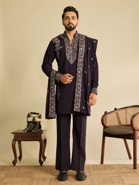 Stunning Wine Men s Kurta Pant with Embroidered Dupatta in Japanese Fabric Mens Short Kurta