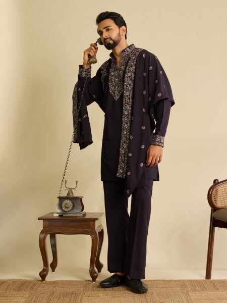 Stunning Wine Men s Kurta Pant with Embroidered Dupatta in Japanese Fabric Mens Short Kurta