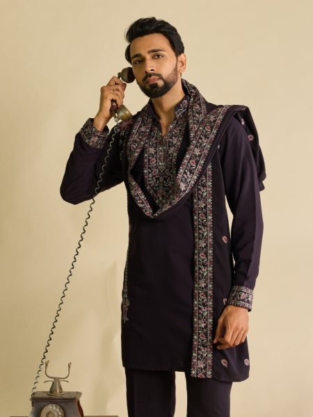 Stunning Wine Men s Kurta Pant with Embroidered Dupatta in Japanese Fabric Mens Short Kurta