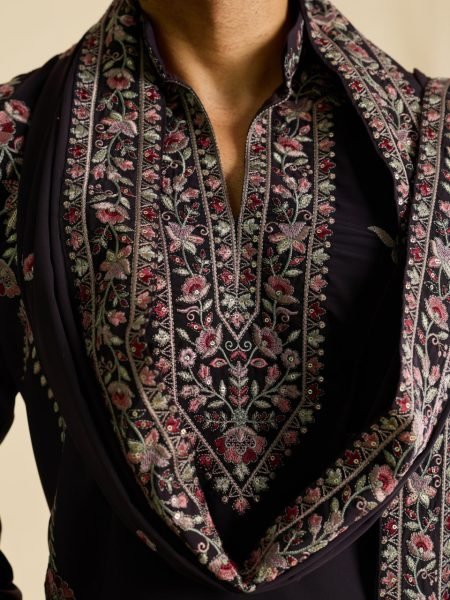 Stunning Wine Men s Kurta Pant with Embroidered Dupatta in Japanese Fabric Mens Short Kurta