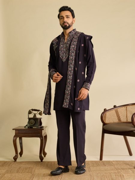Stunning Wine Men s Kurta Pant with Embroidered Dupatta in Japanese Fabric Mens Short Kurta