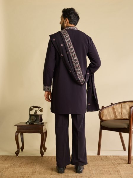 Stunning Wine Men s Kurta Pant with Embroidered Dupatta in Japanese Fabric Mens Short Kurta