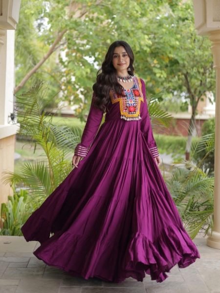 Stunning Wine Party Wear Navratri Reyon Gown with Mirror and Kodi Lace Work 