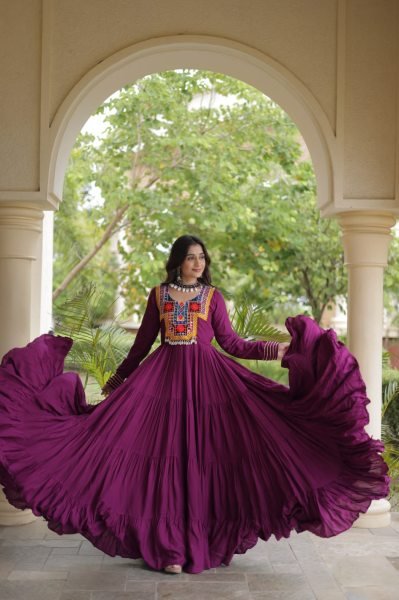 Stunning Wine Party Wear Navratri Reyon Gown with Mirror and Kodi Lace Work Anarkali Kurtis 