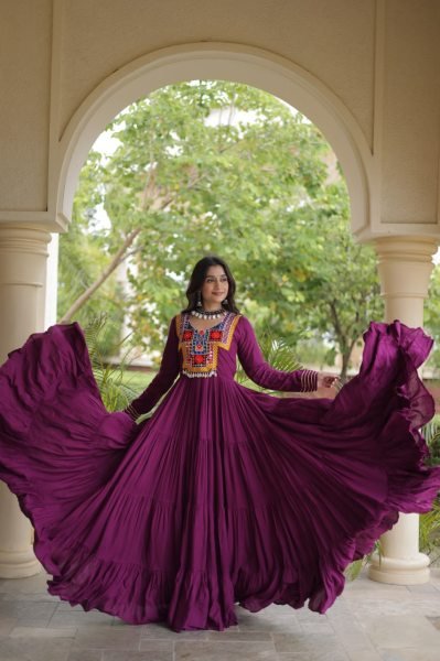 Stunning Wine Party Wear Navratri Reyon Gown with Mirror and Kodi Lace Work Anarkali Kurtis 