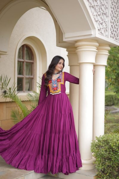 Stunning Wine Party Wear Navratri Reyon Gown with Mirror and Kodi Lace Work Anarkali Kurtis 