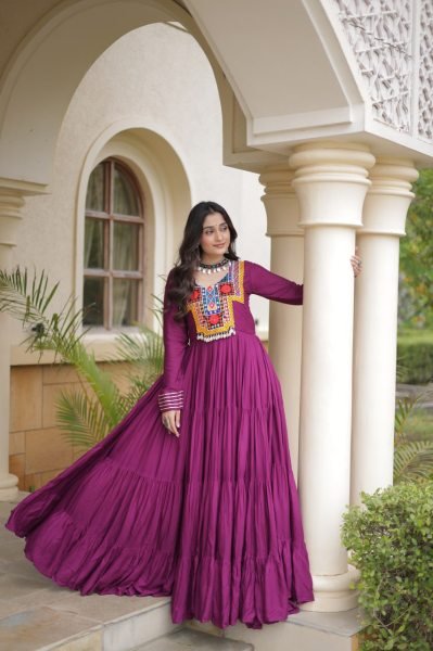 Stunning Wine Party Wear Navratri Reyon Gown with Mirror and Kodi Lace Work Anarkali Kurtis 