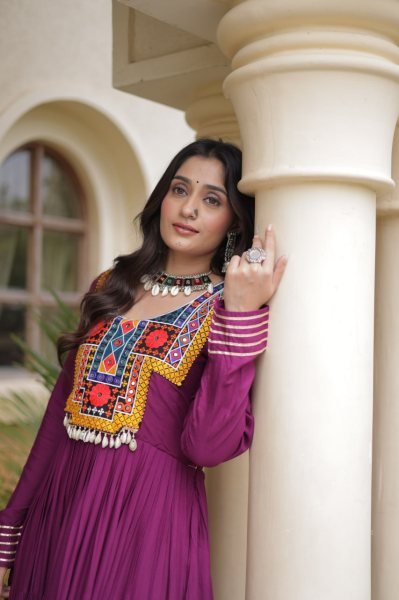 Stunning Wine Party Wear Navratri Reyon Gown with Mirror and Kodi Lace Work Anarkali Kurtis 