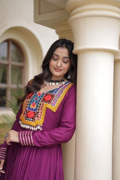 Stunning Wine Party Wear Navratri Reyon Gown with Mirror and Kodi Lace Work Anarkali Kurtis 