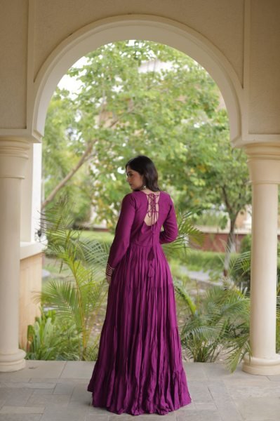 Stunning Wine Party Wear Navratri Reyon Gown with Mirror and Kodi Lace Work Anarkali Kurtis 