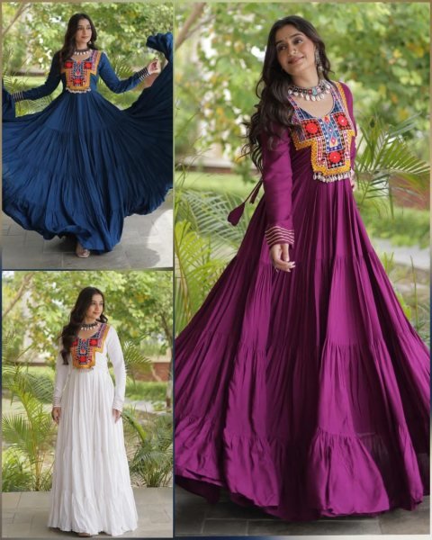 Stunning Wine Party Wear Navratri Reyon Gown with Mirror and Kodi Lace Work Anarkali Kurtis 