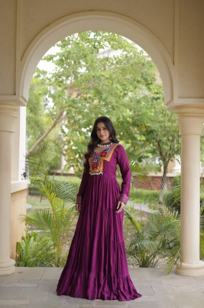 Stunning Wine Party Wear Navratri Reyon Gown with Mirror and Kodi Lace Work Anarkali Kurtis 