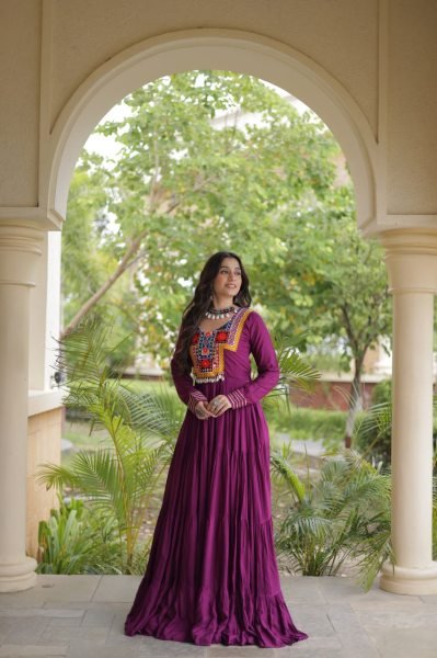 Stunning Wine Party Wear Navratri Reyon Gown with Mirror and Kodi Lace Work Anarkali Kurtis 