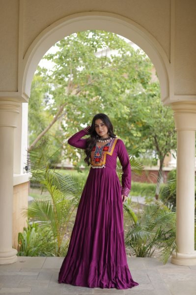 Stunning Wine Party Wear Navratri Reyon Gown with Mirror and Kodi Lace Work Anarkali Kurtis 