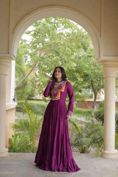 Stunning Wine Party Wear Navratri Reyon Gown with Mirror and Kodi Lace Work Anarkali Kurtis 