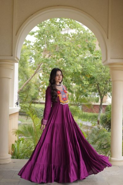 Stunning Wine Party Wear Navratri Reyon Gown with Mirror and Kodi Lace Work Anarkali Kurtis 