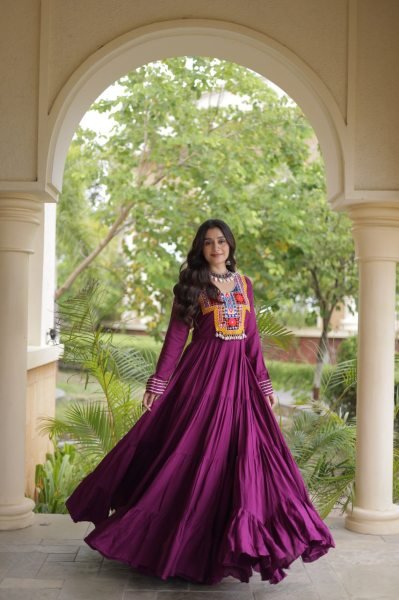 Stunning Wine Party Wear Navratri Reyon Gown with Mirror and Kodi Lace Work Anarkali Kurtis 